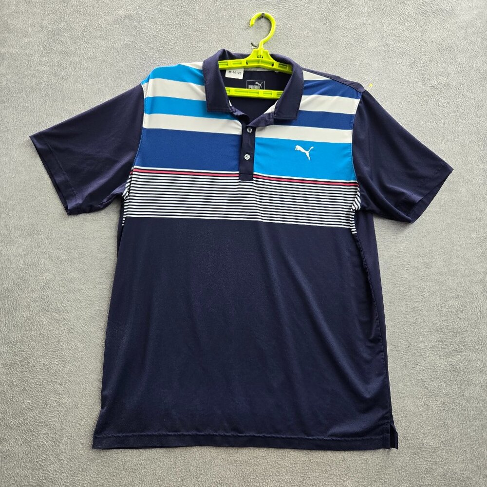 Puma‎ Men Polo XL Blue Striped Logo Button Short Sleeve
